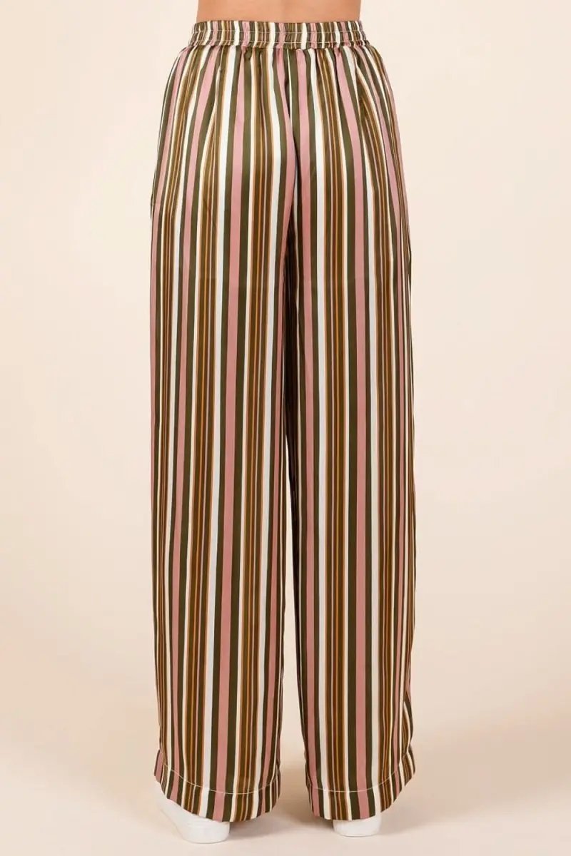 Chic Striped Satin Wide Leg Pants with Elastic Waist and Pockets - Love Salve